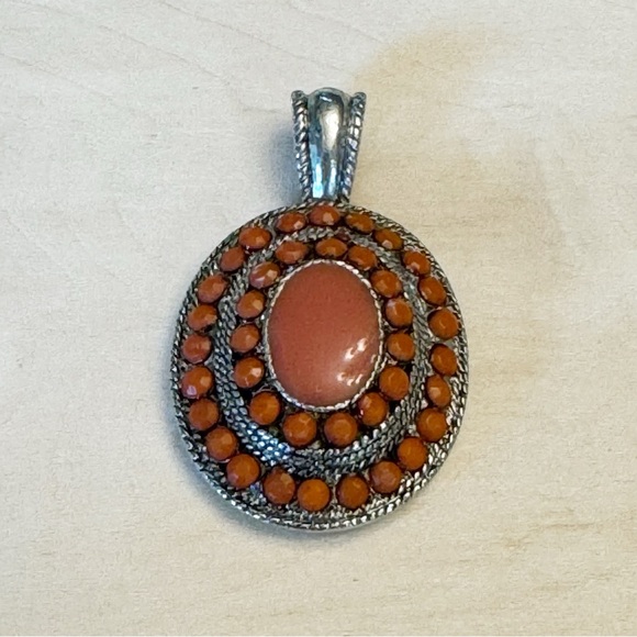 Silver Tone Oval Coral Rhinestone Pendant Vintage - Picture 2 of 6